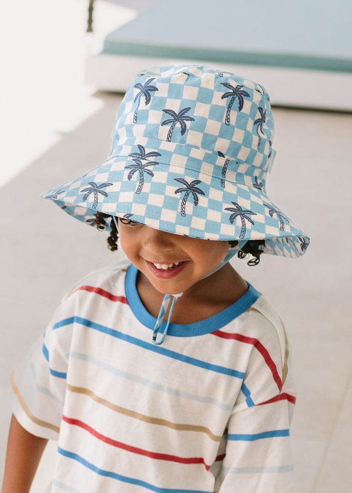 Hat | Wide Brim - Blue Checked Palms
