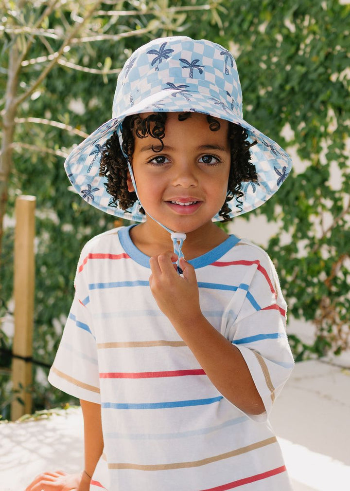 Hat | Wide Brim - Blue Checked Palms