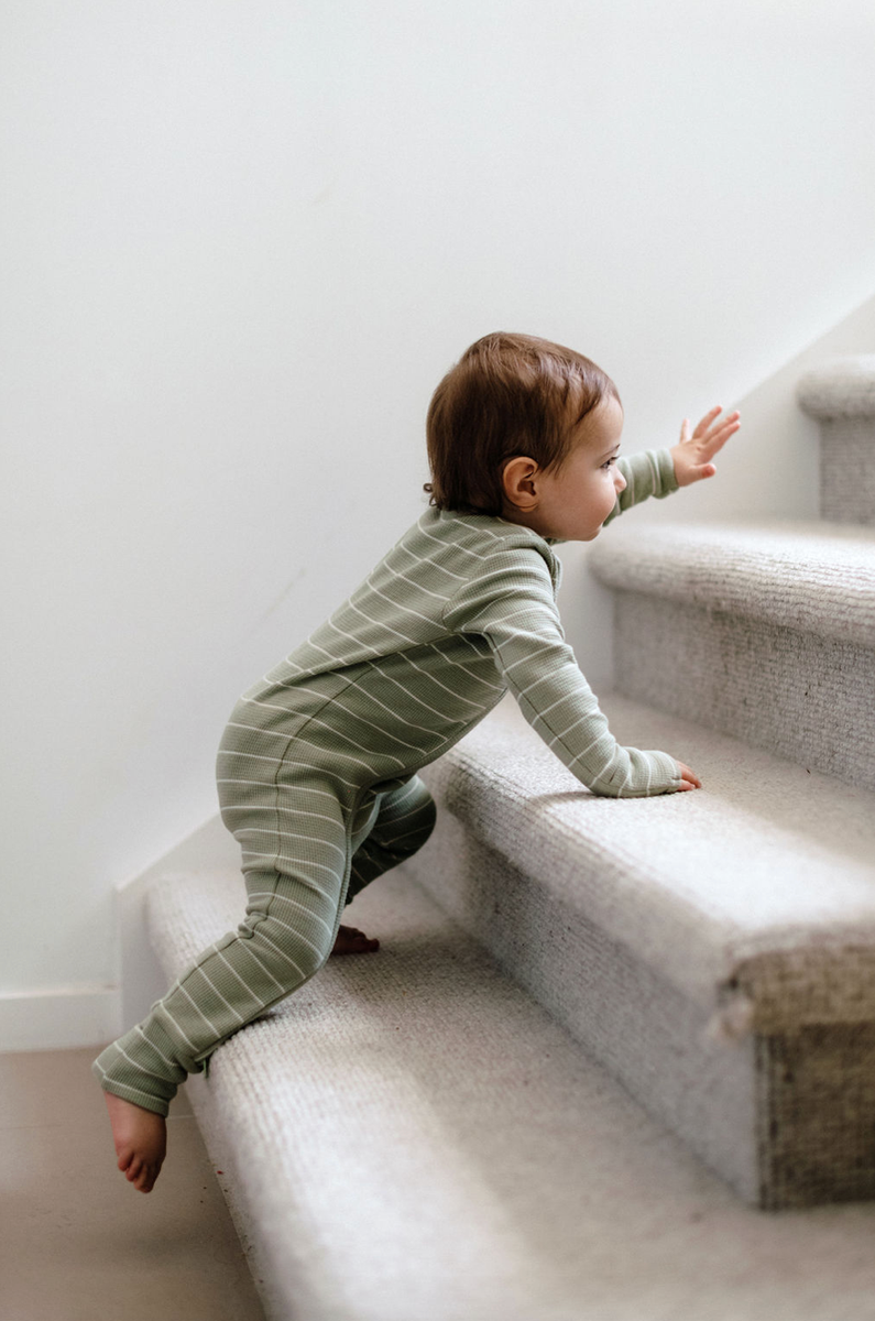 Onesie | Organic Cotton Waffle - Sage Stripe