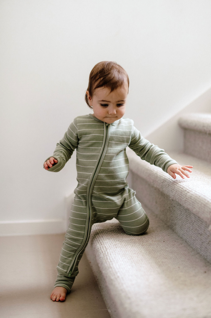 Onesie | Organic Cotton Waffle - Sage Stripe