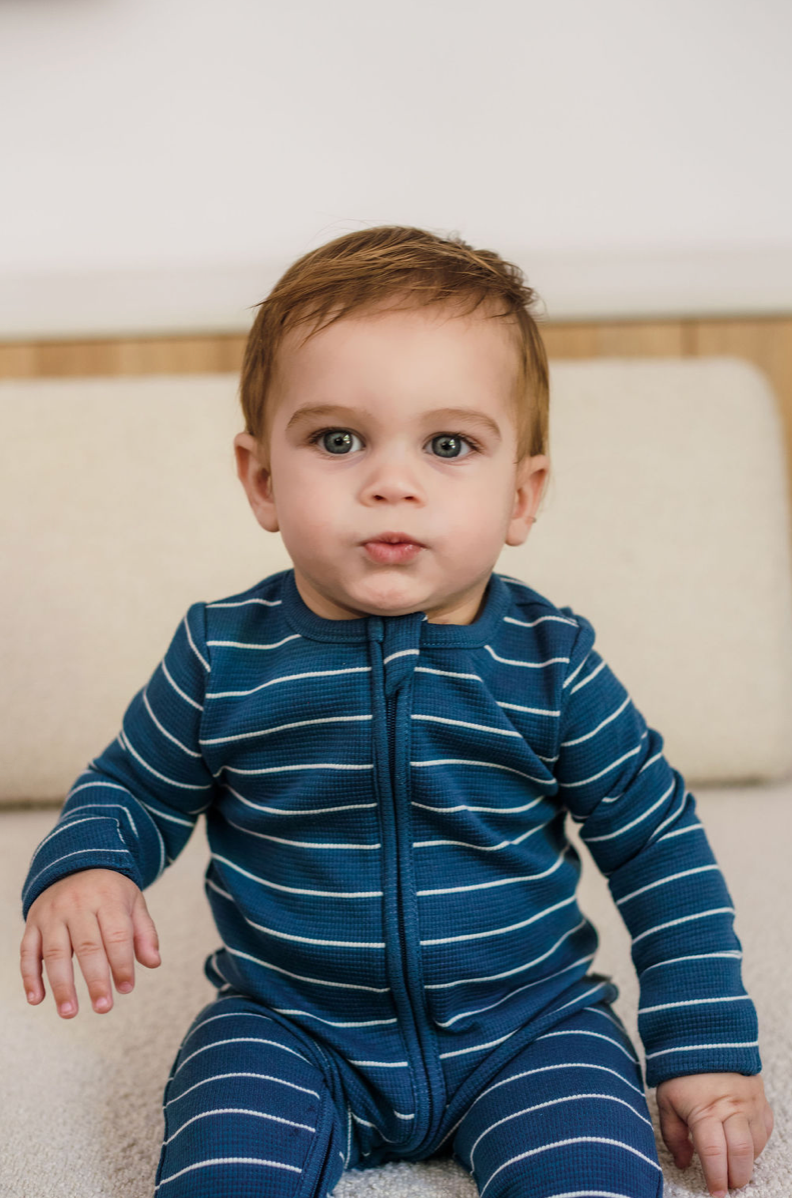 Onesie | Organic Cotton Waffle - Navy Stripe