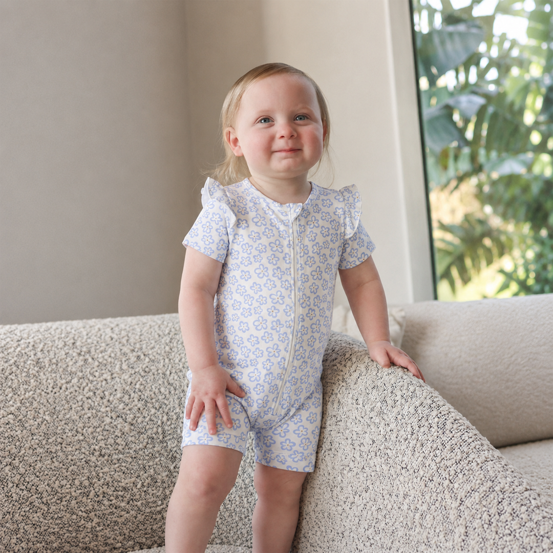 Onesie | Day or Night Short Sleeve with Frill - Hibiscus Blue