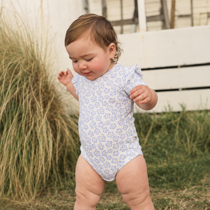 Bodysuit | Short Sleeve with Frill - Hibiscus Blue