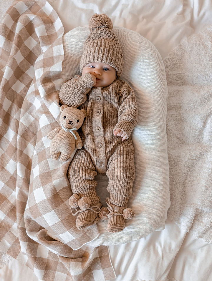 Textured Cotton Long Romper | Brown
