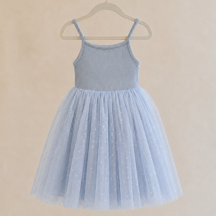 Ribbed Tulle Dress - Dusty Blue Dots