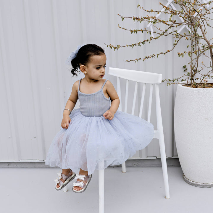 Ribbed Tulle Dress - Dusty Blue Dots
