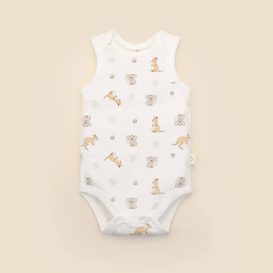 Organic Cotton Singlet Bodysuit - Kangaroo & Koala