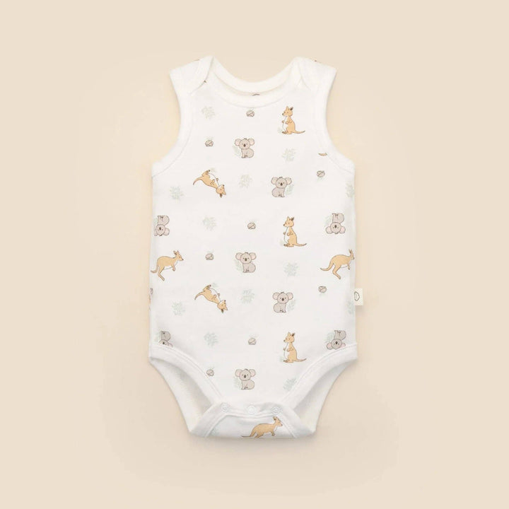 Organic Cotton Singlet Bodysuit - Kangaroo & Koala