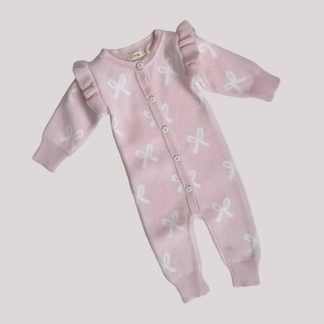 Long Flutter Bow Romper | Baby Pink