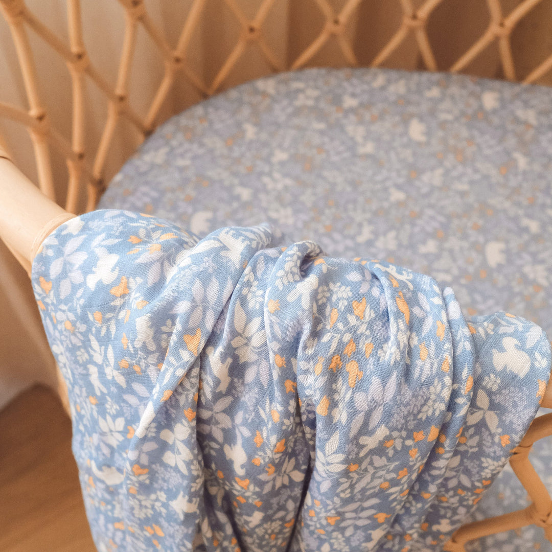 Bassinet | Fitted Sheet/Change Pad Cover | Organic - Forest Friends Cornflower