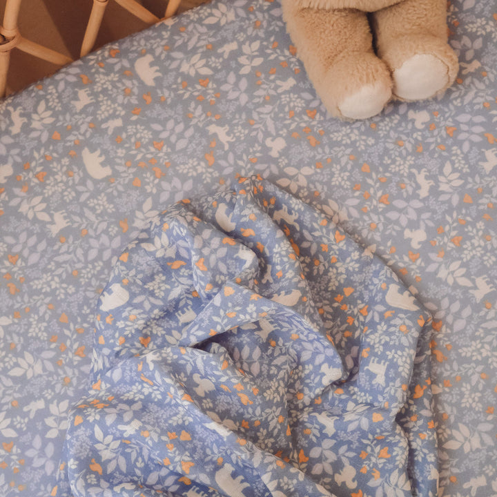 Cot | Fitted Sheet/Change Pad Cover | Organic - Forest Friends Cornflower