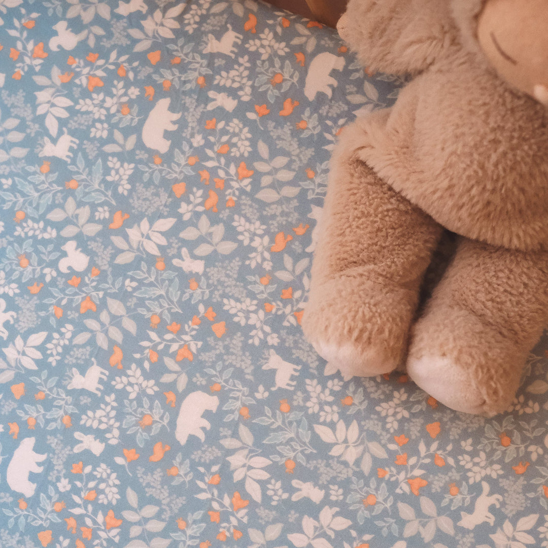 Bassinet | Fitted Sheet/Change Pad Cover | Organic - Forest Friends Cornflower