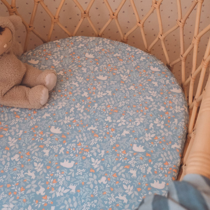 Bassinet | Fitted Sheet/Change Pad Cover | Organic - Forest Friends Cornflower