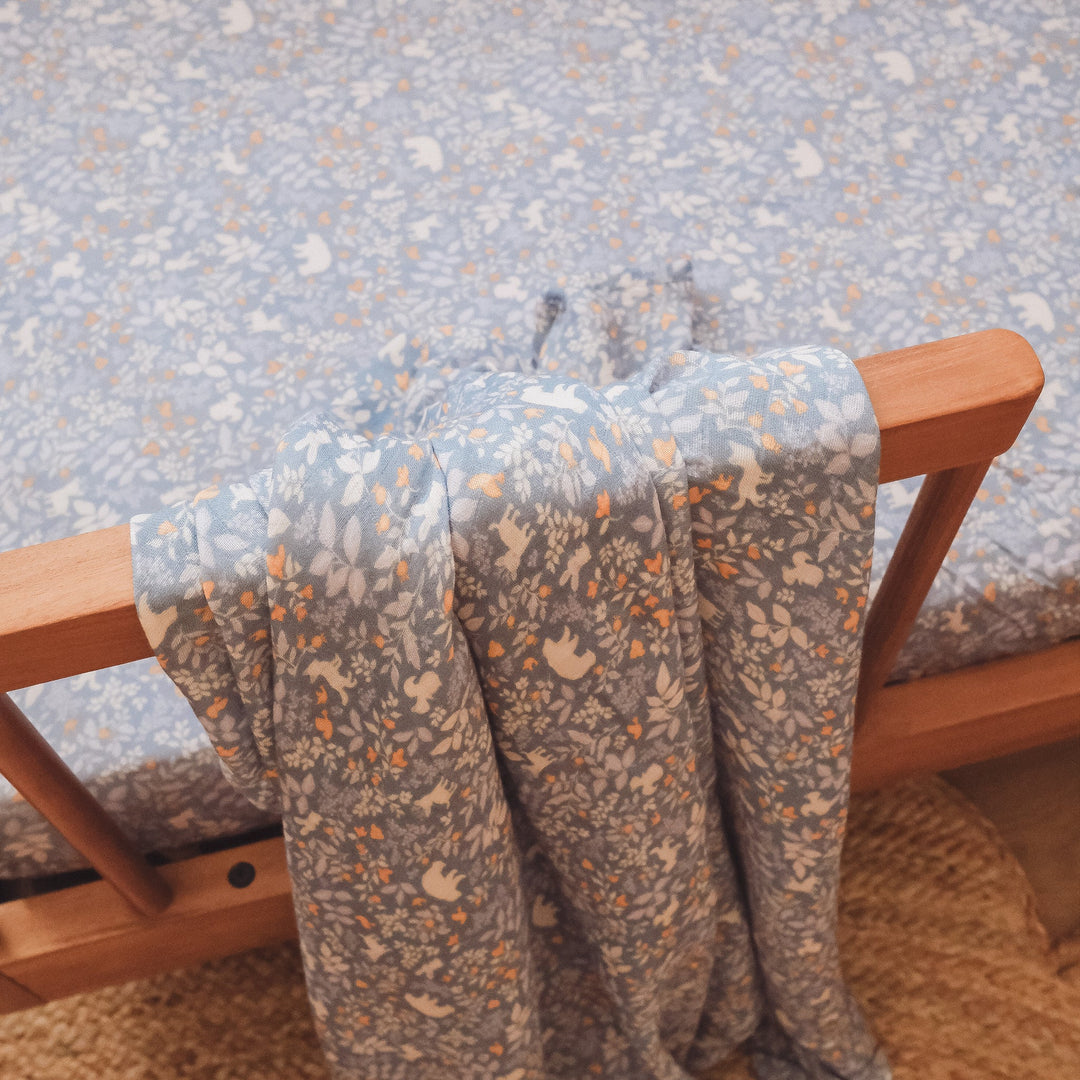 Cot | Fitted Sheet/Change Pad Cover | Organic - Forest Friends Cornflower
