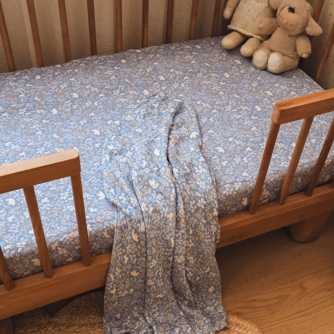 Cot | Fitted Sheet/Change Pad Cover | Organic - Forest Friends Cornflower