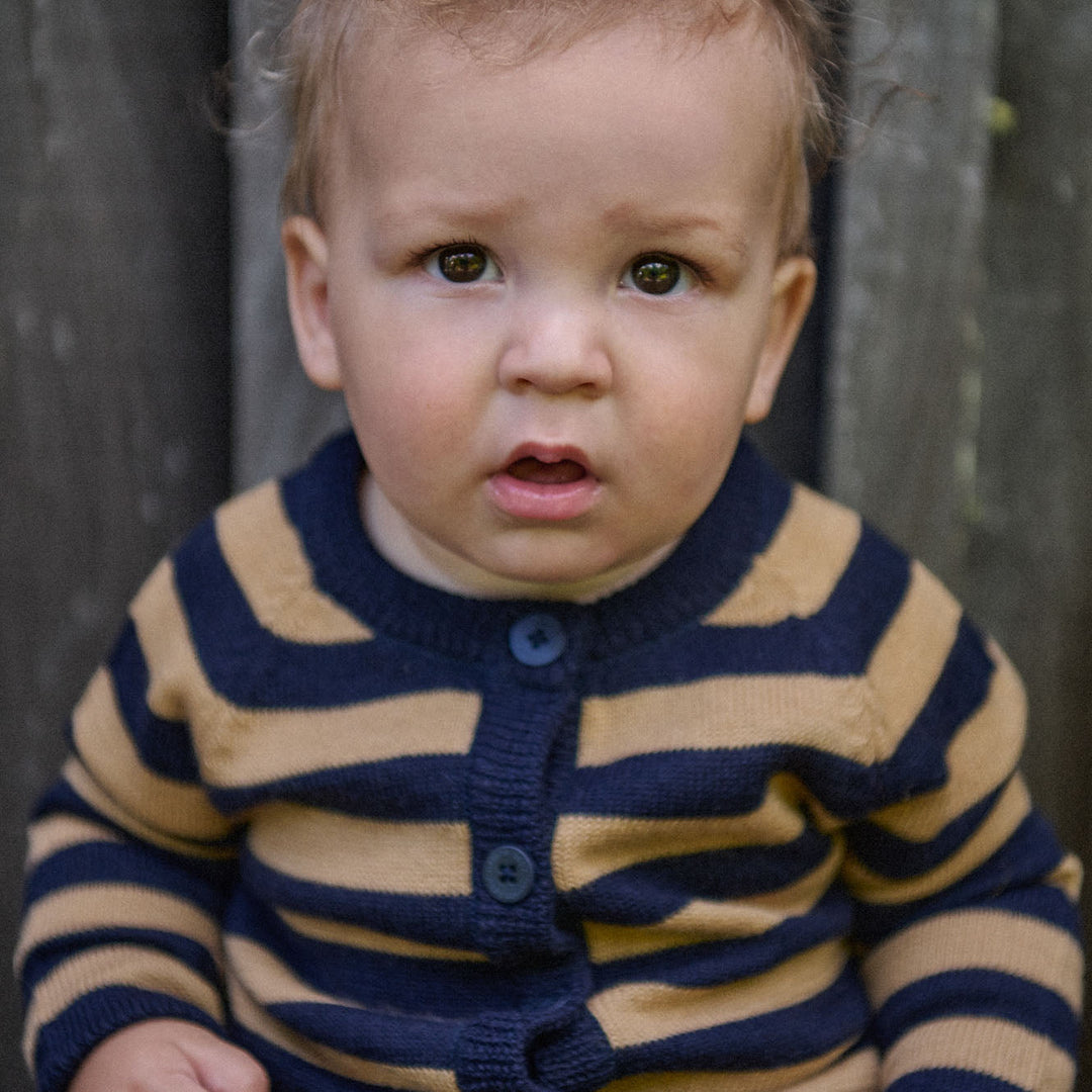 Cardigan | Merino Knit - Caramel/Navy Stripe