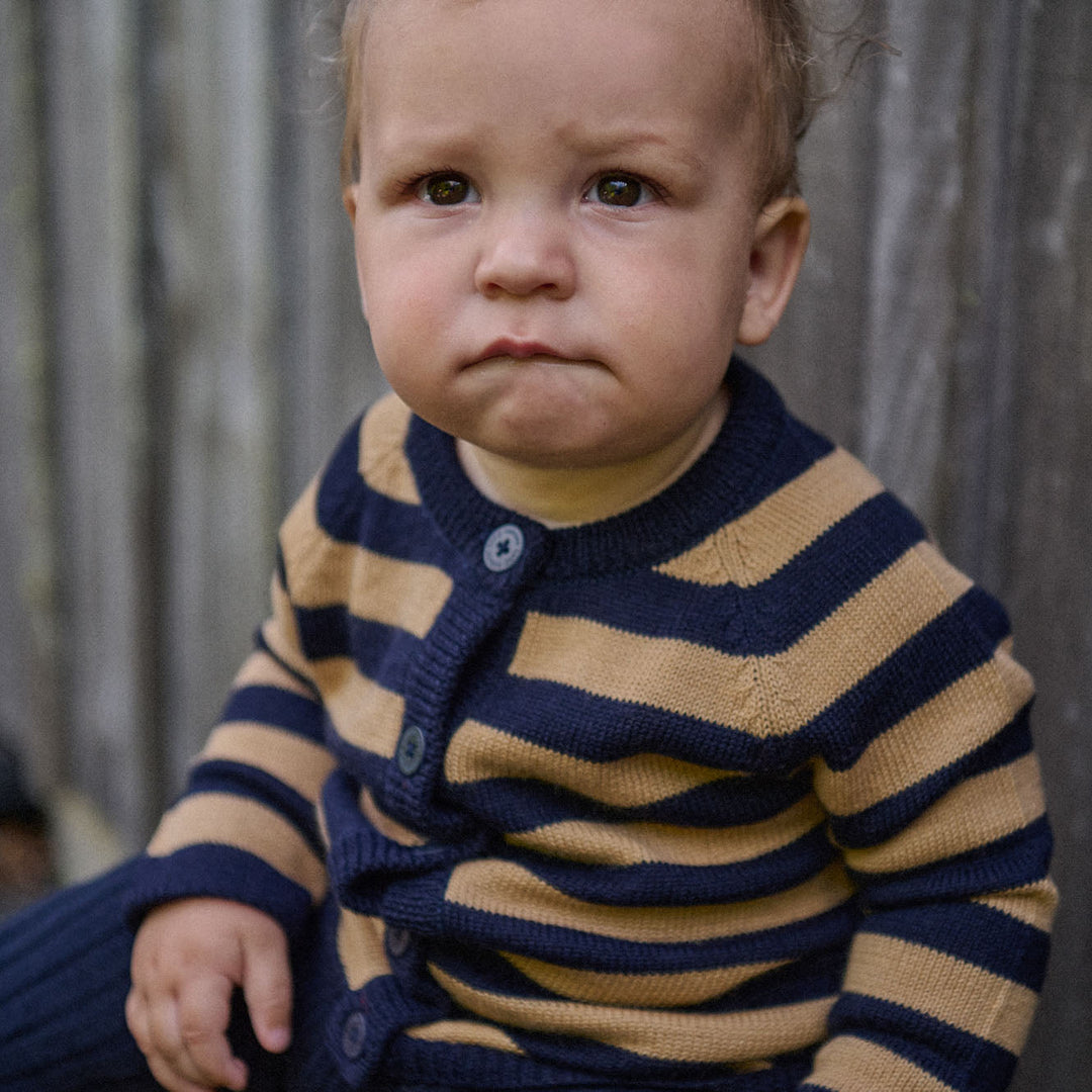Cardigan | Merino Knit - Caramel/Navy Stripe