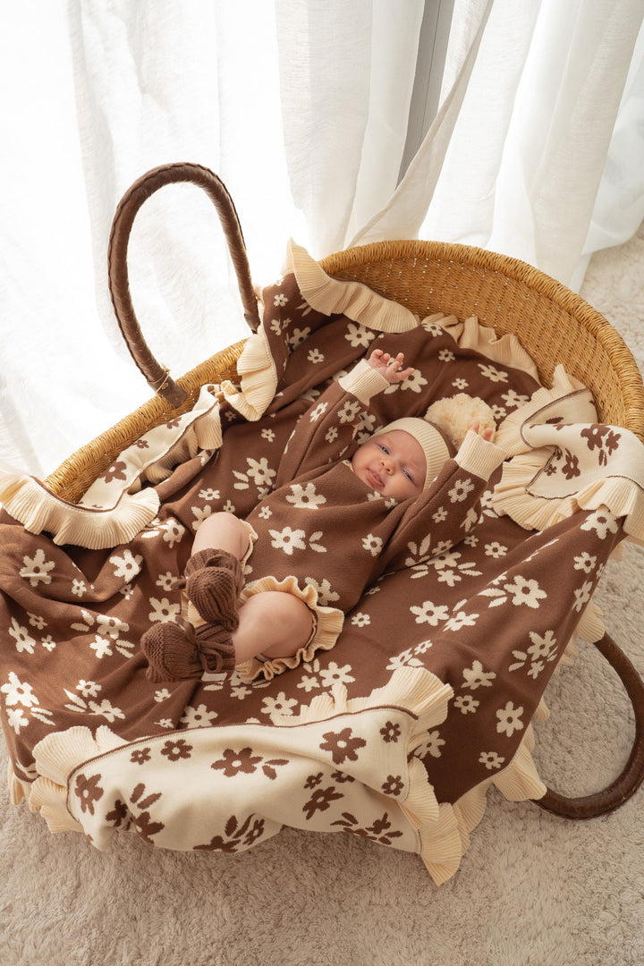 Frill Knit Blanket | Daisy Floral Chocolate