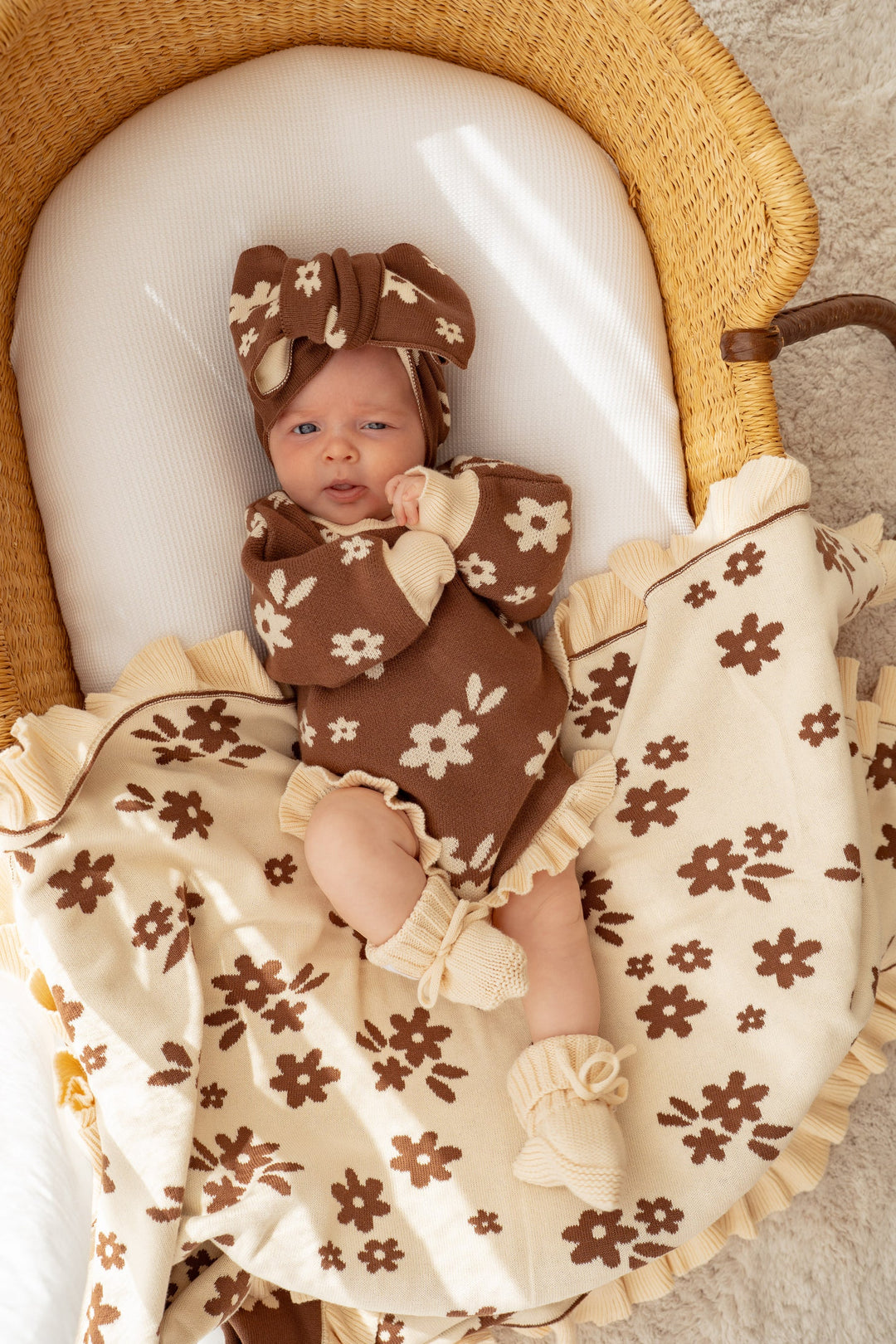 Frill Knit Blanket | Daisy Floral Chocolate