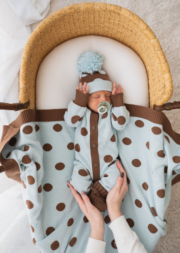 Knit Blanket | Choc Blue Polka