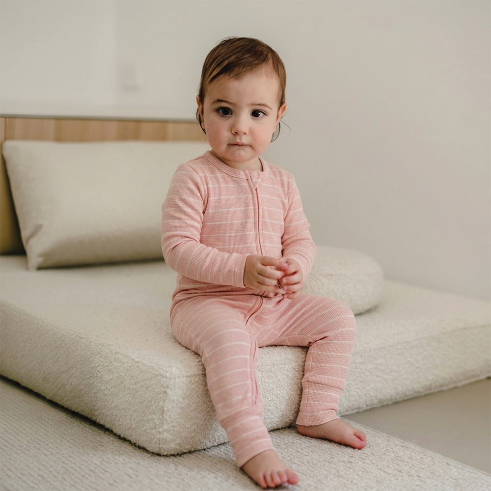 Onesie | Organic Cotton Waffle - Pearl Stripe