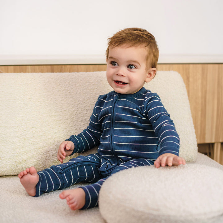 Onesie | Organic Cotton Waffle - Navy Stripe