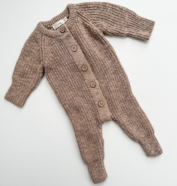 Textured Cotton Long Romper | Brown