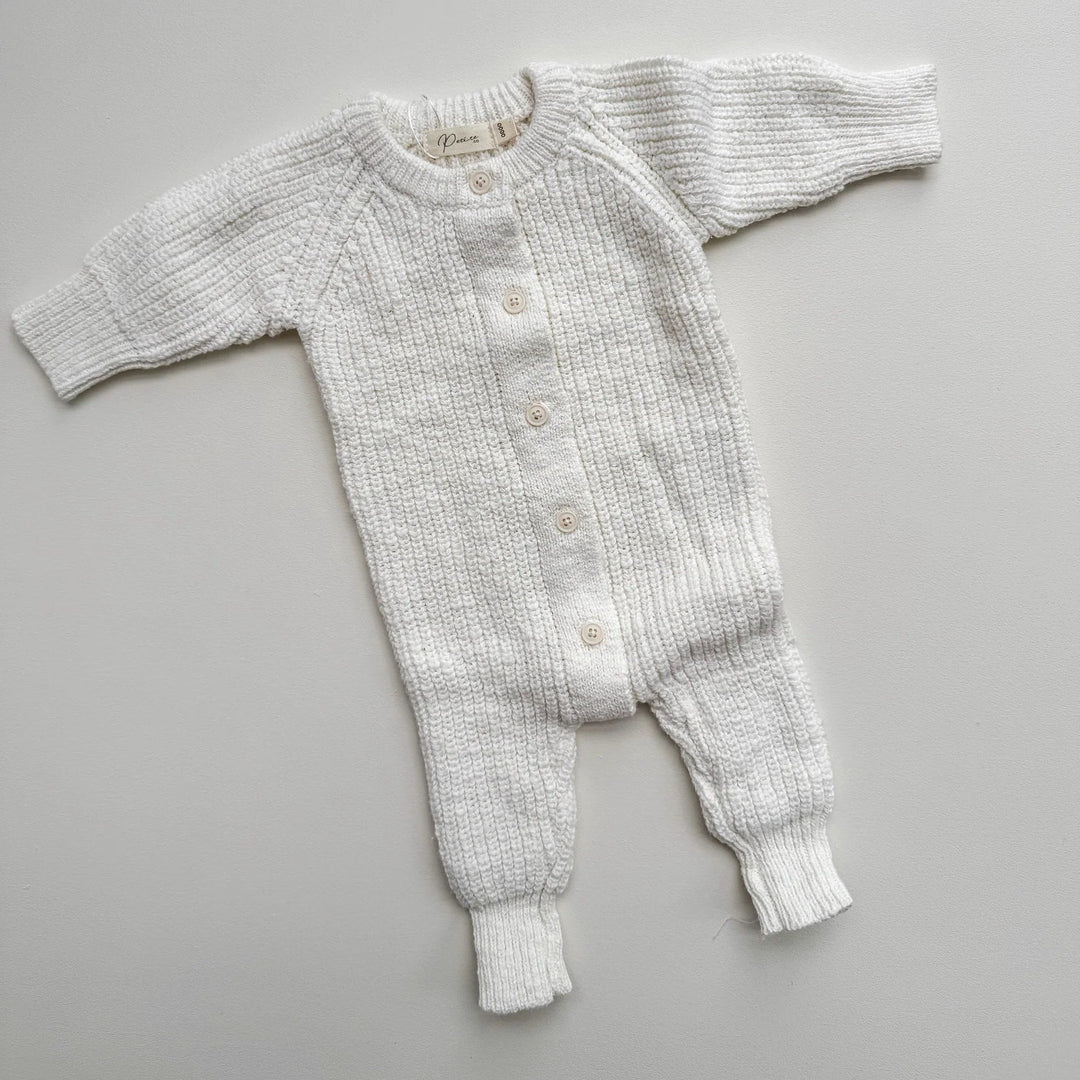 Textured Cotton Long Romper | Snow