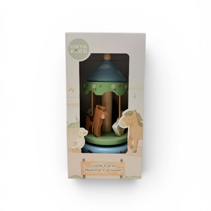 Onya Kids Little Farm Musical Carousel toy in its original packaging, featuring a wooden carousel with a green canopy, brown horse, and beige cow on a white background.
