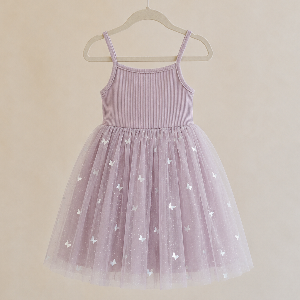 Ribbed Tulle Dress - Mauve Butterflies