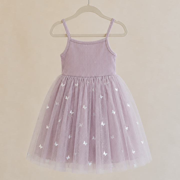 Ribbed Tulle Dress - Mauve Butterflies