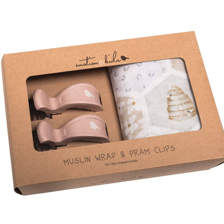 Muslin Wrap & Pram Clips Set - Beehive